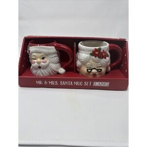 Lang 3D Winking Santa Mr. Mrs. Claus Handpainted Mug Set NEW